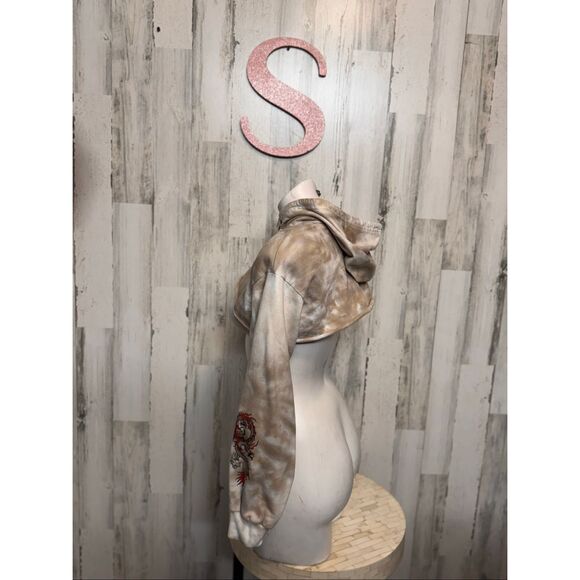 Jolie & Joy Tie-Dye Cropped Hoodie Small Survivor Warrior Graphic Beige Brown Dr - Picture 2 of 6
